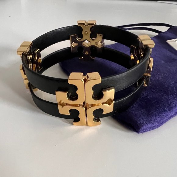TORY BURCH SERIF T STACKED LEATHER BRACELET BLACK/GOLD - Picture 8 of 12